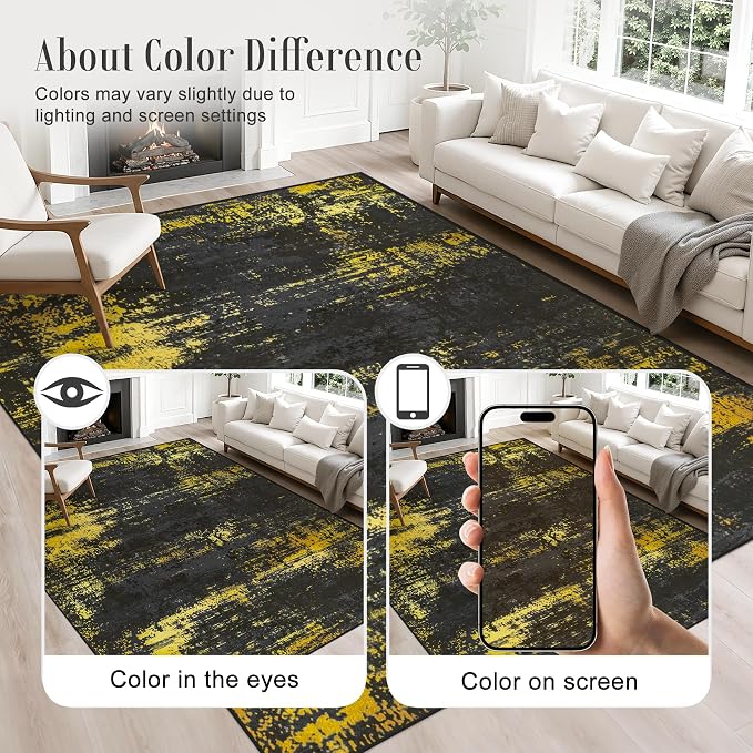 10x14 Area Rug Living Room Rug: Washable Modern Abstract Soft Thin Rug Indoor Floor No Slip Carpet for Bedroom Dining Room Farmhouse Nursery Home Office - Dark Black Gold