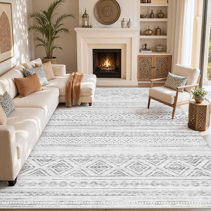 cotiled 10x12 Area Rugs Living Room Rug: Washable Boho Rugs with Non Slip Backing Large Soft Indoor Stain Resistant Carpet for Bedroom Farmhouse Dining Room Lightweight Home Decor Light Grey