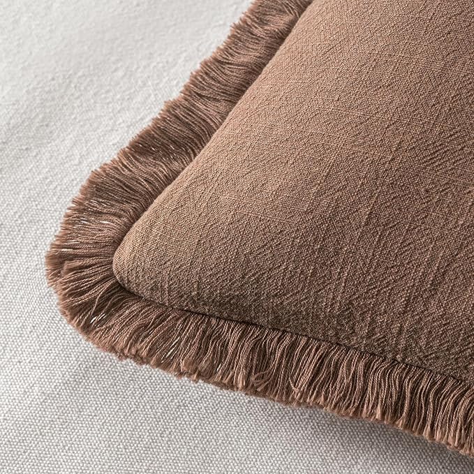 MIULEE Linen Fringe Decorative Fall Throw Pillow Covers Dark Coffee 18x18 | Set of 2, Cottagecore Decor, Boho Farmhouse Neutral Pillow Covers, Rustic Fall Couch Cushion Cases for Sofa Bed Living Room