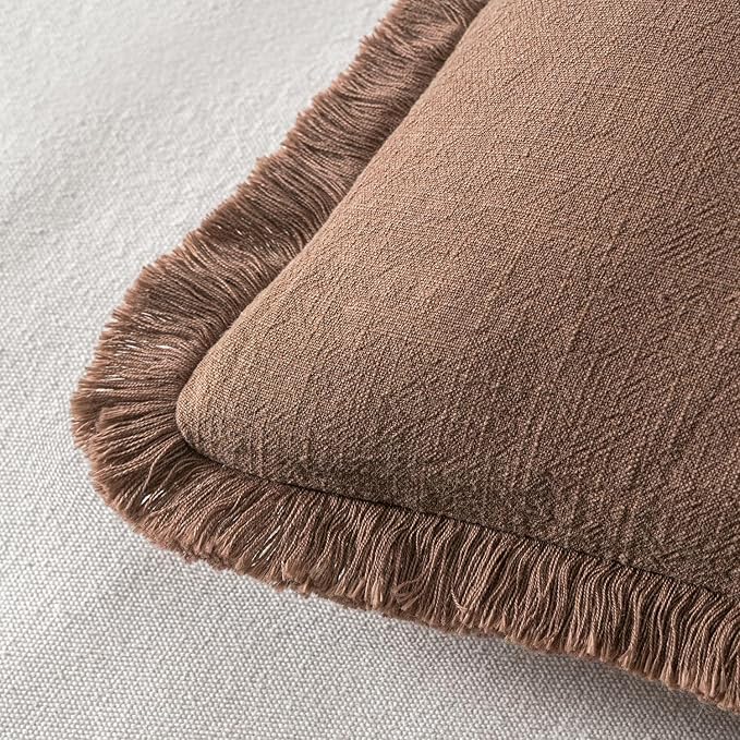 MIULEE Linen Fringe Decorative Fall Euro Pillow Covers Dark Coffee 24x24 | Set of 2, Cottagecore Decor, Boho Farmhouse Neutral Throw Pillow Covers, Rustic Fall Couch Cushions for Sofa Bed Living Room