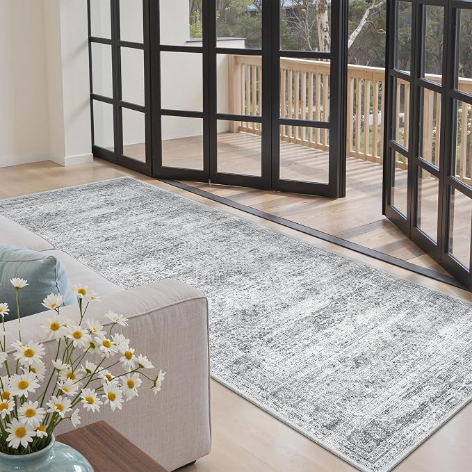 Soalmost Washable Kitchen Runner Rug 3x6 Hallway Entry Rugs Non-Slip, Grey | Vintage Runners 6ft for Bathroom Laundry Room, Foldable Low-Pile Floor Carpet Mat for Entryway Corridor Bedroom