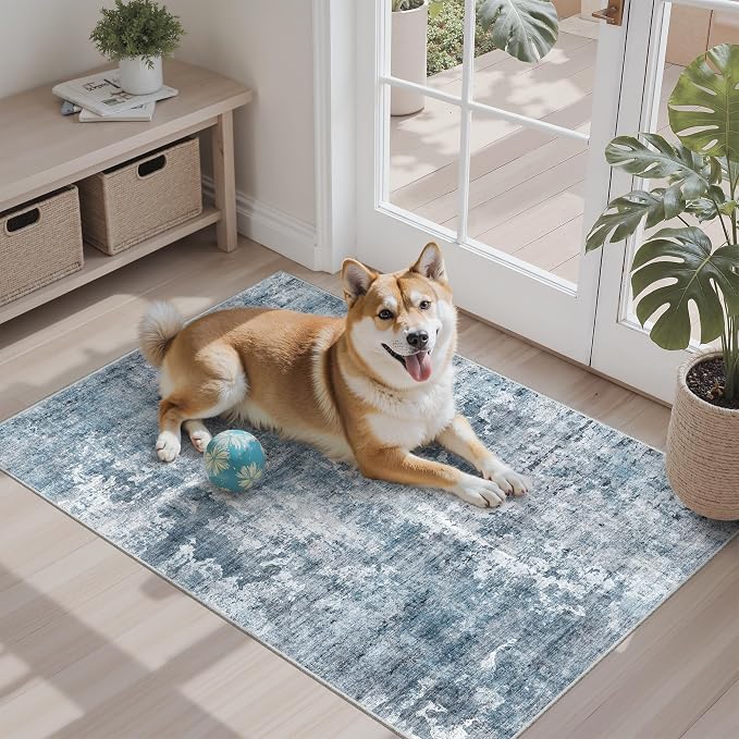 Soalmost 2x3 Abstract Washable Rugs for Entry, Kitchen Area Rug Blue/Grey | Small Non-Slip Vintage Low Pile Throw Door Mat For Bathroom Entryway Laundry, Stain Resistant Indoor Entrance Floor Carpet
