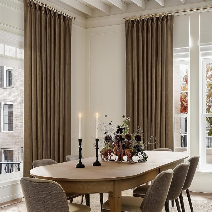 Dutch Cocoa Pinch Pleat Linen Curtains 120 Inches Long 60 Inch Wide 1 Panel | Light Filtering Semi Sheer Privacy, 400GSM Fabric Memory Shape, Pinch Pleated, for Sliding Door Living Room Bedroom, W60xL120