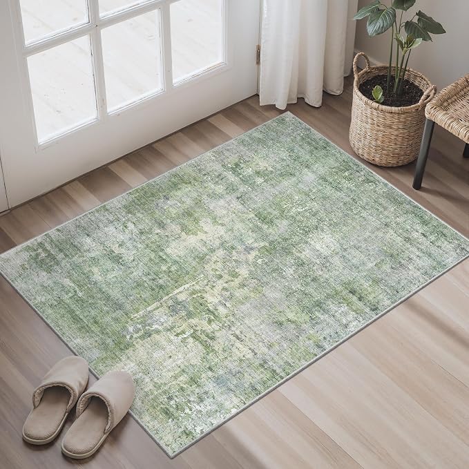 Soalmost 2x3 Abstract Washable Rugs for Kitchen, Small Area Rug Green/Ivory | Non-Slip Vintage Low Pile Throw Door Mat For Bathroom Entryway Laundry Room, Stain Resistant Indoor Entrance Floor Carpet