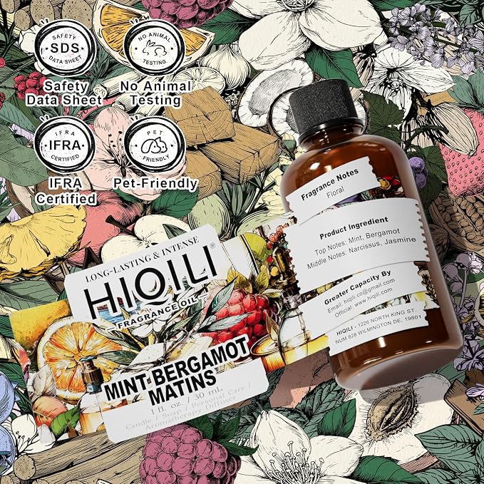 HIQILI Mint Bergamot Matins Fragrance Oil for DIY Wax Soap & Home Diffuser | Delivers Long Lasting Floral Aroma, Ideal for Hand Wash, Air Freshener and Gentle Pet Friendly DIY Scent Works-30ml / 1 fl oz