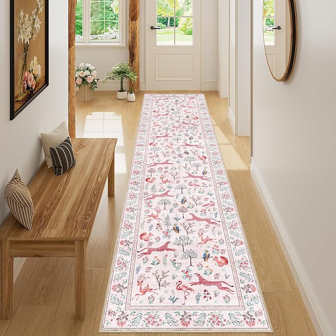 DUKINO 2x8 Washable Runner Rug, Non Slip Animal Kitchen Runner Rug, Pink | Soft, Low Pile, Non-Shedding Indoor Carpet Runner for Hallway, Entryway, Bedroom, Bathroom, Pet Friendly, Stain Resistant