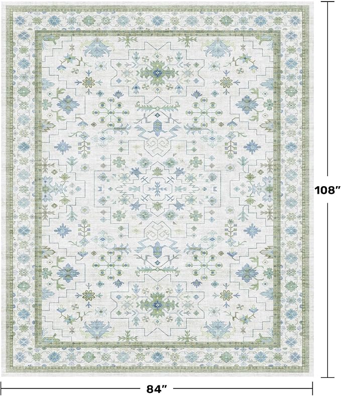 Hazo Haus Cream Oushak 7x9 Bedroom Rug - Boho Floral Cool Blue and Green, Washable Low Pile Non-Slip Ultra-Thin Large Area Rugs for Playroom, Bed Room, Living Room