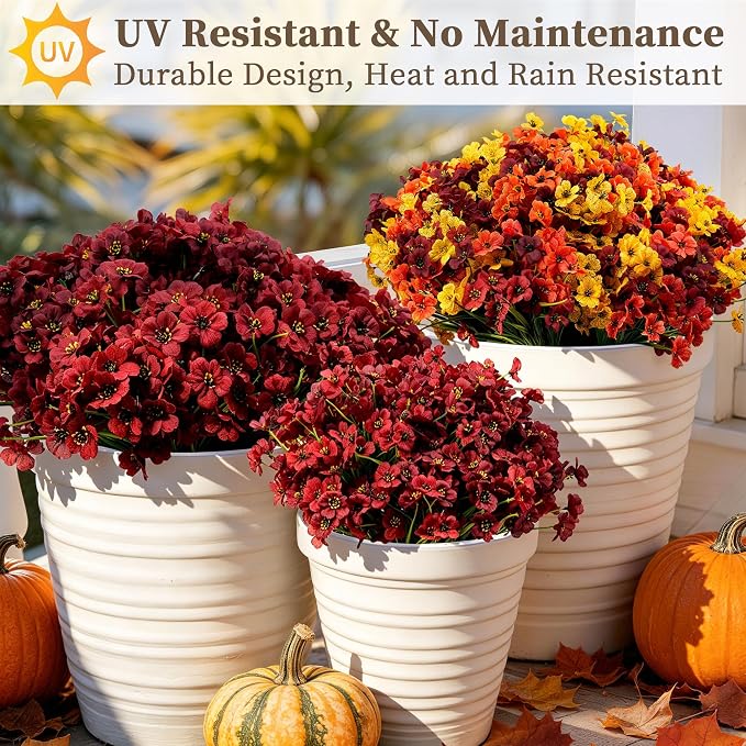ColoPlay 24 Bundles Burgundy Artificial Flowers for Outdoors Fake Plant Mum | Artificial Flowers for Outdoors/Indoors Fake Mums Flowers Plants for Outside Garden Porch Window Box Home Wedding Farmhouse
