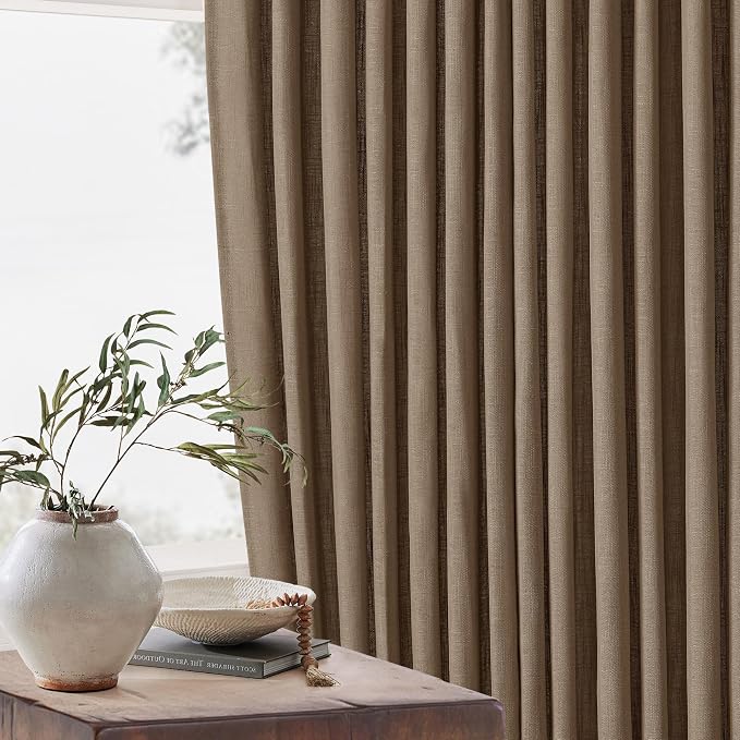 Dutch Cocoa Pinch Pleated Linen Semi Sheer Curtains 45 Inch Length 2 Panels | for Kitchen Small Bay Window Basement, Pinch Pleated with Hooks Rings Back Tab, Memory Shape, Thick Linen Semi Sheer, W40xL45