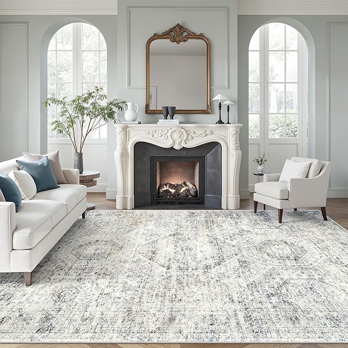 Soalmost 10x12 Area Rugs for Living Room Washable Rug Non-Slip Blue/Ivory | Large Vintage Stain Resistant Carpet for Dining Bedroom, Low Pile Lightweight Foldable Floor Mat Nursery Home Office Decor