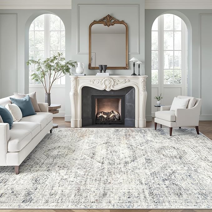 Soalmost 9x12 Area Rugs for Living Room Washable Rug Non-Slip Blue/Ivory | Large Vintage Stain Resistant Carpet for Dining Bedroom, Low Pile Lightweight Foldable Floor Mat Nursery Home Office Decor
