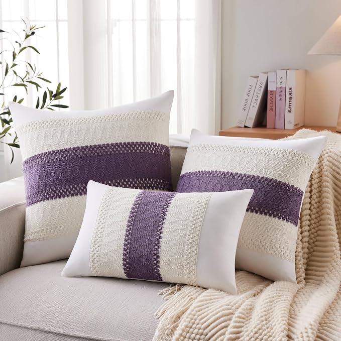 2pk Boho Pillow Covers 20x20, Natural White/Contrast/Purple | 100% Organic Cotton Body, Stripe Embroidery, Farmhouse Decorative Cushion Covers for Sofa Bed Living Room Home Decor