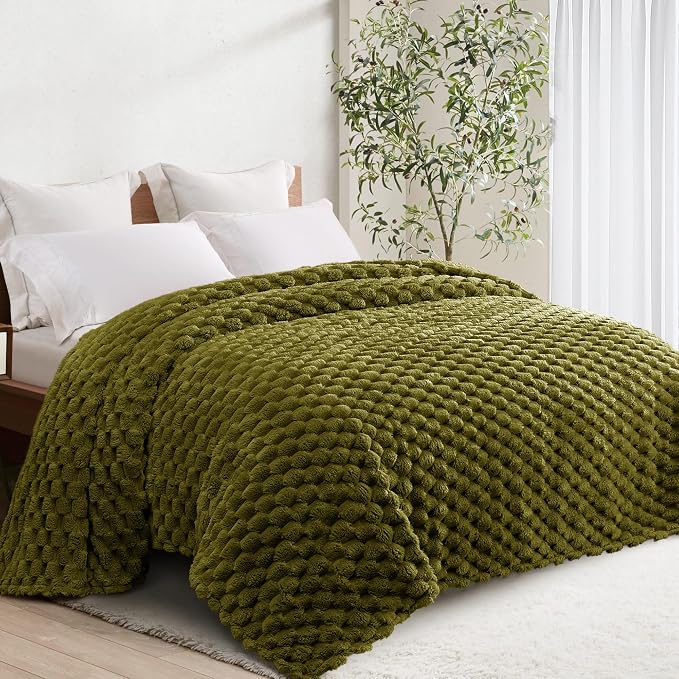 Whale Flotilla Soft Fleece King Size Bed Blanket 3D Jacquard, Olive Green | Lightweight Breathable Coverlet Bedspread for All Seasons, Super Cozy Plush Fluffy Fuzzy Decorative Blanket for Bed, 90"x104"