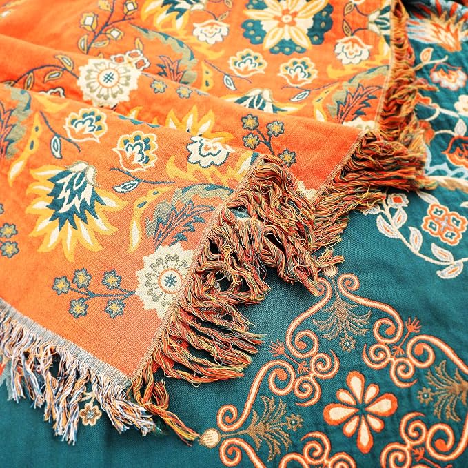 VANJOROY Boho Throw Blanket, 100% Cotton Muslin Breathable Soft Bed Throw - Floral Farmhouse Decor Blanket for Sofa Couch Chair and Gift. 60" x 80"- Orange