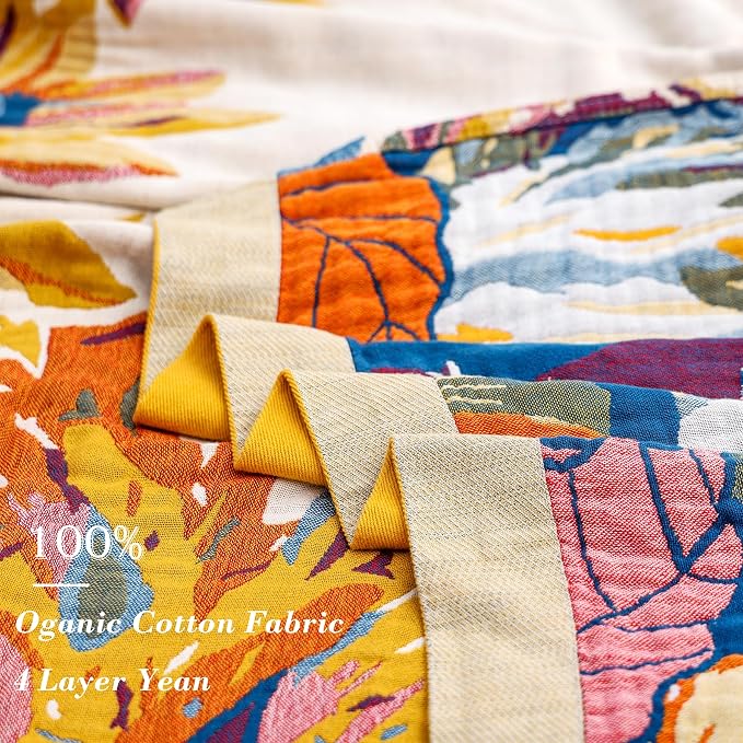 VANJOROY Boho Throw Blanket 100% Organic Cotton 60x80 for Bed Couch, Floral | Cozy Ultra soft, Breathable, Skin-friendly Lightweight,Butterfly Farmhouse Design,Summer Beige Quilt Chair Throw for Gifts