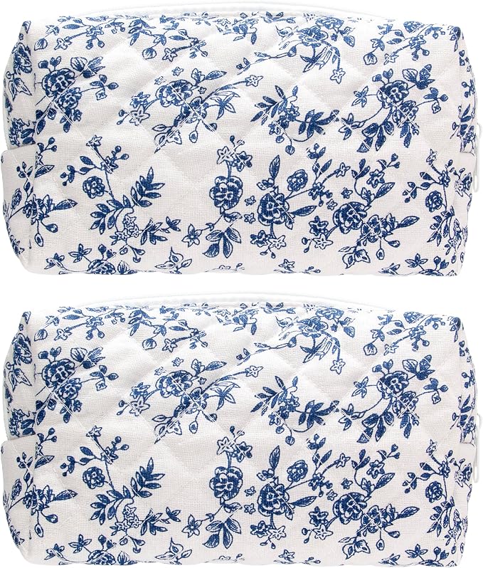 PAZIMIIK Small Quilted Makeup Bag,Zipper Cosmetic Pouch,Jouy Blue,2 Pack | Lightweight Cosmetic Bag Organizer for Women,Purse Storage Holds Makeup,Toiletries,Skincare,Beauty Essentials,Travel Items