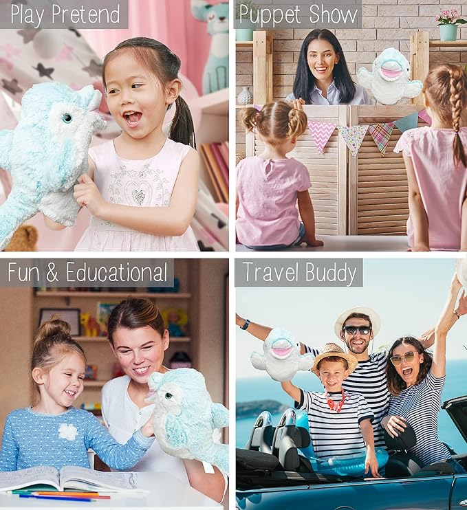 DolliBu Dolphin Plush Hand Puppet for Kids - Soft Plush Stuffed Animal Hand Puppet Toy for Puppet Show Games Puppet Theaters for Kids, Adult Cute Puppets Educational Toy to Teach Children & Toddlers