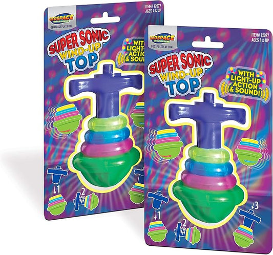 Geospace Super Sonic Wind-Up Spinning Tops with Light and Sound (2-Pack)