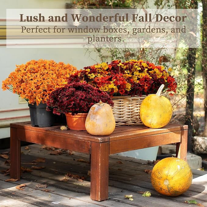 ColoPlay 24 Bundles Burgundy Artificial Flowers for Outdoors Fake Plant Mum | Artificial Flowers for Outdoors/Indoors Fake Mums Flowers Plants for Outside Garden Porch Window Box Home Wedding Farmhouse