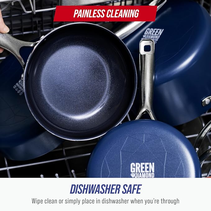 Blue Diamond 5QT Diamond Infused Ceramic Nonstick Sauté Pan with Lid, Blue | PFAS-Free Ceramic Nonstick Jumbo Cooker Skillet, Dishwasher & Oven Safe, Durable Metal Utensil Safe, Soups, Glass Lid