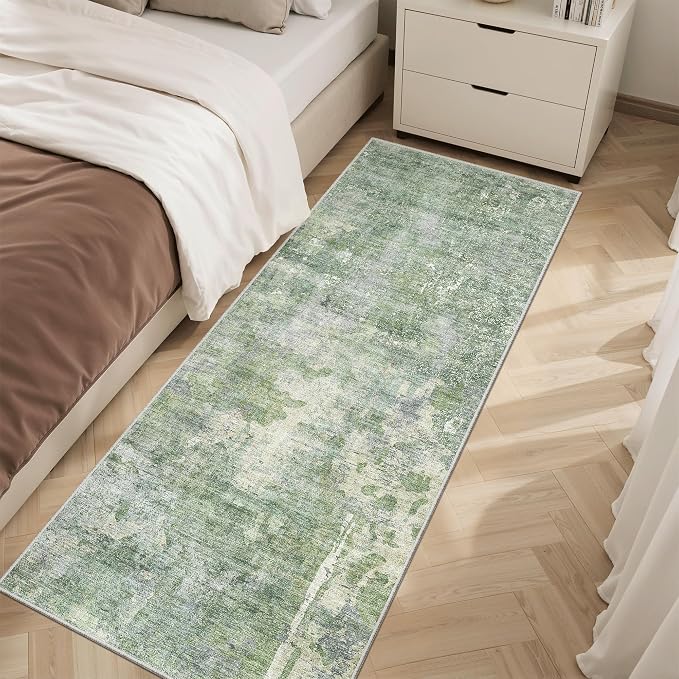 Soalmost Abstratc Runner Rug 2x5 Washable Kitchen Entry Runners Green/Ivory | Non-Slip Low-Pile Rugs for Bathroom Laundry Room, Vintage Foldable Floor Carpet Mat Hallway Entryway for Corridor Bedroom