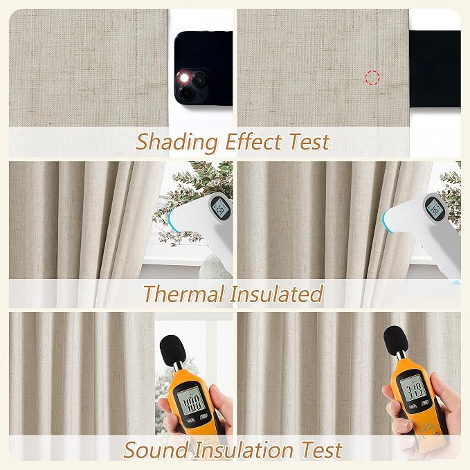 Guken 100% Blackout Linen Curtains for Bedroom 96 inches Long, Thermal Insulated Room Darkening Black Out Drapes for Living Room, Back Tab Rod Pocket 2 Panels Set,Grey Beige,52x96