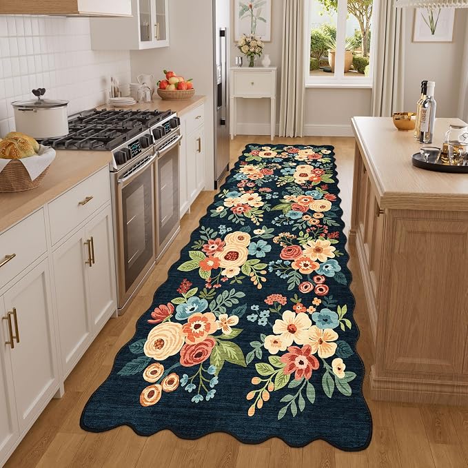DUKINO 3x8 Kitchen Runner Rug, Floral Washable Rug for Hallway, Navy Blue | Low Pile, Non-Sheding, Soft Throw Rug Runner for Entryway, Hallway, Bedroom, Bathroom, Laundry, Pet Friendly, Home Decor