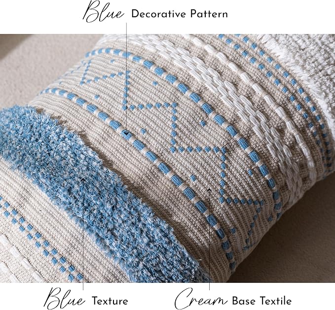 14x36 Lumbar Pillow Cover for Bed, Rectangular Long Decorative Throw Pillowcase, Boho Accent Cushion with Blue Tufted Pattern and Tassels, Cream Neutral (Cover Only)