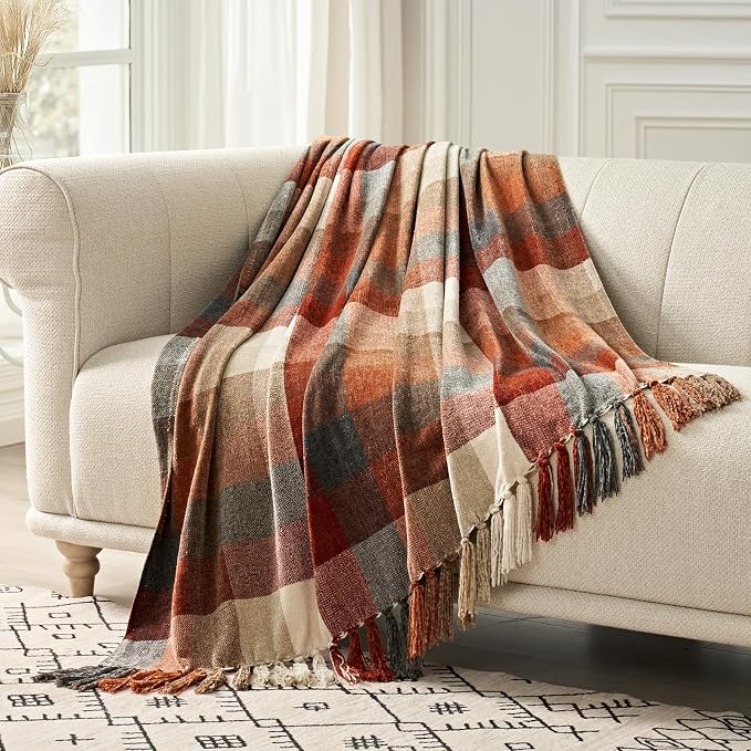 Plaid Chenille Fall Throw Blanket, 60"x80", Harvest Orange Plaid | Super Soft Knit Throw with Tassels, Cozy, Decorative Rustic Farmhouse Decor for Autumn, Ideal for Couch Bed Sofa Gift