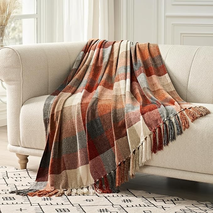 Plaid Chenille Fall Throw Blanket, 50"x60", Harvest Orange Plaid | Super Soft Knit Throw with Tassels, Cozy, Decorative Rustic Farmhouse Decor for Autumn, Ideal for Couch Bed Sofa Gift