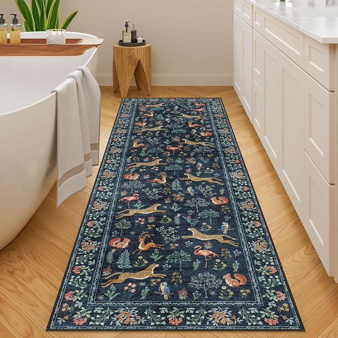 DUKINO 2x10 Kitchen Runner Rug, Soft Non Slip Animal Washable Rug Navy Blue | Low Pile, Non-Shedding Indoor Carpet Runner for Hallway, Entryway, Bedroom, Bathroom, Laundry, Pet Friendly, Stain Resistant