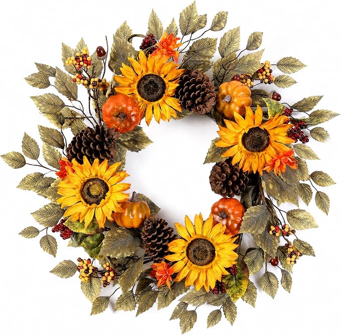 20" Fall Wreath Front Door Pumpkin Sunflower Pine Cones Artificial Wall Decor Farmhouse Autumn Wreath Thanksgiving Home Porch Outdoor Indoor Holiday Harvest Decor
