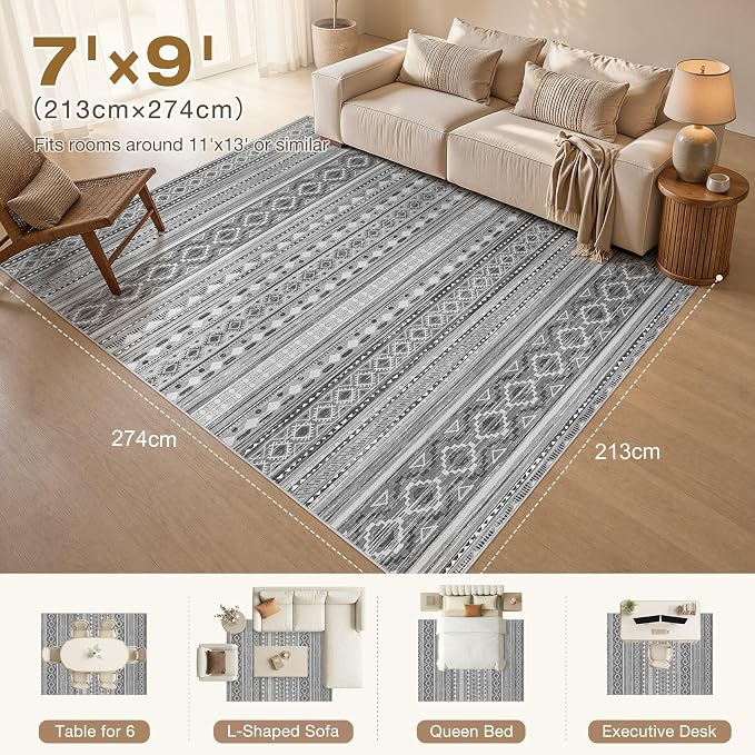 cotiled 7x9 Area Rugs Living Room Rug: Washable Boho Rugs with Non Slip Backing Large Soft Indoor Stain Resistant Carpet for Bedroom Farmhouse Dining Room Lightweight Home Decor Beige Grey