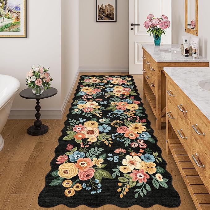 DUKINO 3x8 Kitchen Runner Rug, Soft Floral Washable Rug for Hallway, Black | Low Pile, Stain Resistant Throw Rug Runner for Entryway, Bedroom, Bathroom, Laundry, Pet Friendly, Modern Home Decor