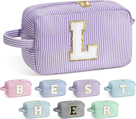 YOOLIFE Makeup Bag: Initial Monogram Cosmetic Travel Makeup Pouch, Purple for Women