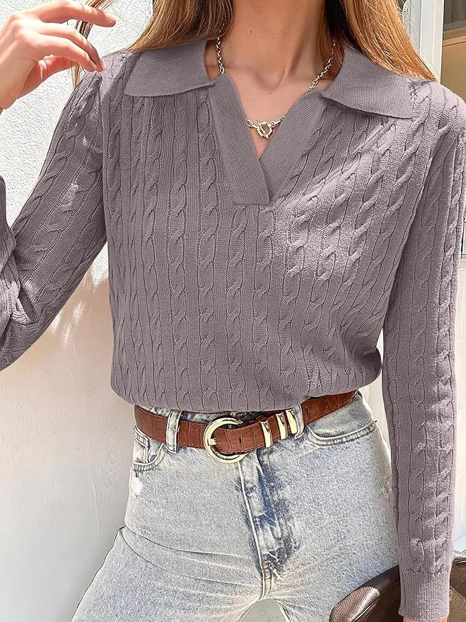 ANRABESS Womens Cable Knit Sweaters Long Sleeve V Neck | Pullover Collared Sweater Tops, Polo Knit Shirts, Business Casual Work, Tennis Golf, Fall Winter Fashion Outfits