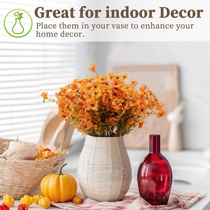ColoPlay 18 Bundles Artificial Mums for Outdoors, Fake Flowers Fall Decor | Faux Mums for Outdoor Planters, Eucalyptus Leaves UV Resistant Fake Plants for Home Porch Box Wedding Farmhouse(Fall Orange)