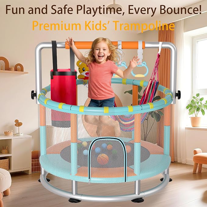 55" Kids Indoor Trampoline with Safety Net, Adjustable Gymnastics Bar & Toys – Indoor/Outdoor Toddler Play Gym for Boys & Girls Ages 3+, Birthday Gifts