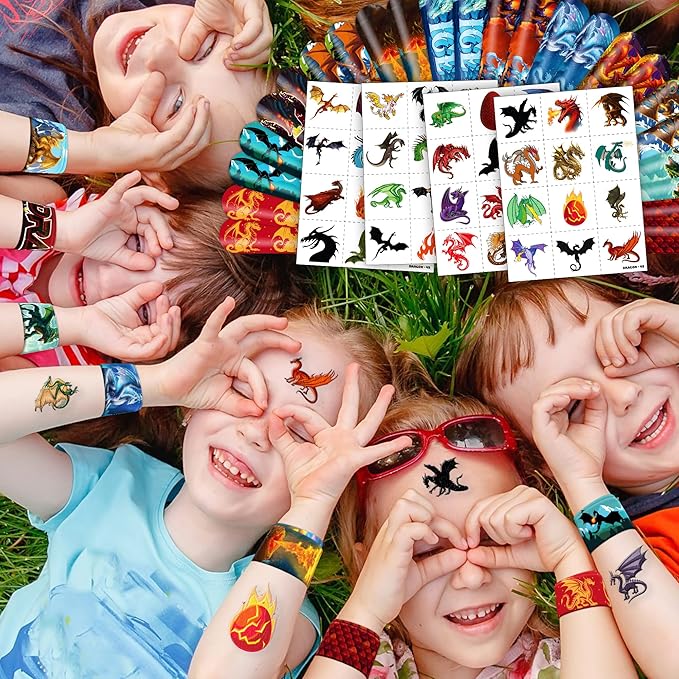 72PCS Dragon Party Set – 48PCS Temporary Pre - cut Tattoos & 24PCS Slap Bracelets – Fun Fantasy - Themed Birthday Supplies, Baby Shower Gifts, Classroom Rewards & Party Decor for Kids (Boys & Girls)
