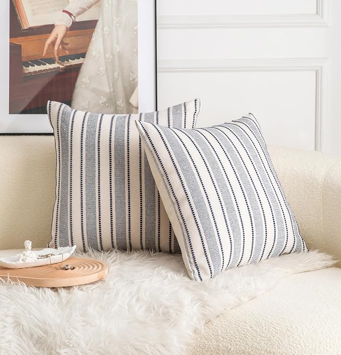 Cethom Decorative Boho Throw Pillow Covers, Farmhouse Textured Pillow Case, 18 x 18 Inch Set of 2, Chair Sofa Bedroom Living Room Decor Couch Cushion Case, Navy Blue and Beige Striped