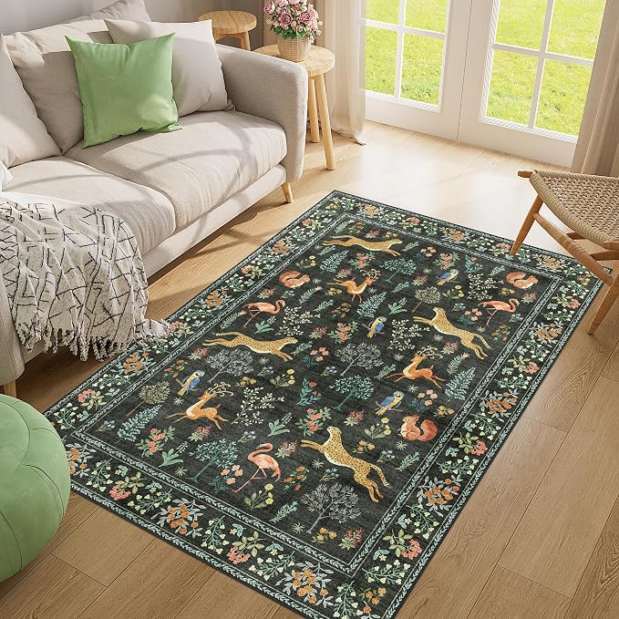 DUKINO 4x6 Area Rug, Non Slip Animal Washable Rug for Living Room, Black | Soft, Low Pile, Stain Resistant Indoor Carpet for Bedroom, Dining Room, Nursery, Farmhouse, Pet Friendly, Non-Shedding