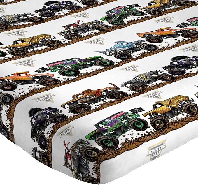Jay Franco Kids Sheet Set with Fitted, Flat Sheets & Pillow Cover - Ultra-Soft Bedding with Pillowcase for Room Decor, Multi - Monster Jam, 4 Piece Queen