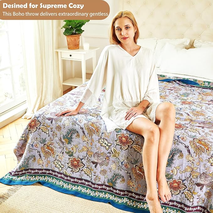 VANJOROY Boho Throw Blanket 60" x 80", 100% Organic Cotton Breathable Ultra Soft Bed Purple Quilt Throw - All Season Luxury Floral Farmhouse Decor Blanket for Sofa Couch Chair and Gift.