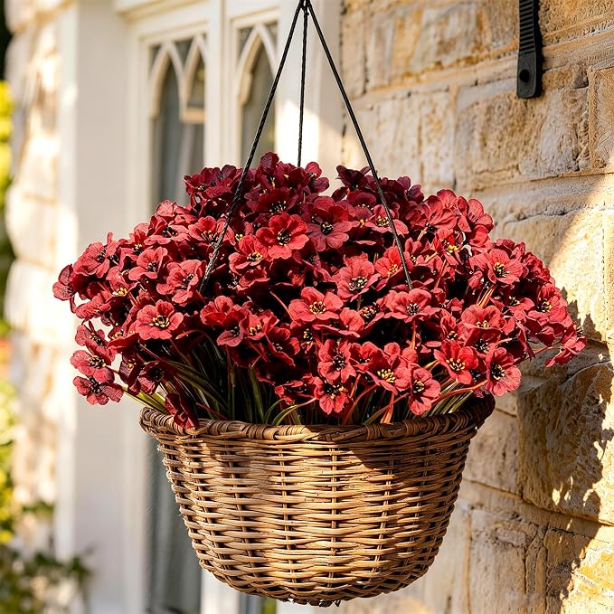 ColoPlay 24PCS Burgundy Artificial Flowers for Outdoors Faux Mums Plant | Artificial Mums for Outdoors/Indoors Faux Mums for Planters, Fall Flowers for Decoration Garden Porch Box Home Farmhouse