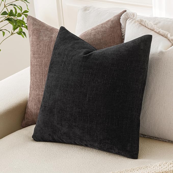 MIULEE Textured Chenille Throw Pillow Covers 20x20 Inch Black | Pack of 2 Decorative Soft Throw Pillows, Solid Textured Cushion Covers, Modern Home Decor for Couch Sofa Bedroom Living Room