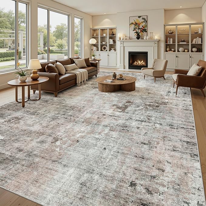 Soalmost 10x14 Area Rugs for Living Room Washable Rug Abstract Pink/Grey | Non-Slip Large Modern Carpet for Dining Bedroom, Soft Low Pile Lightweight Foldable Floor Mat Nursery Home Office Decor