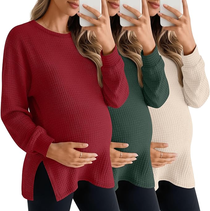 3 Pack Women's Maternity Shirts Long Sleeve Waffle Knit Side Split Oversized Tops Pregnancy Clothes Fall Tees