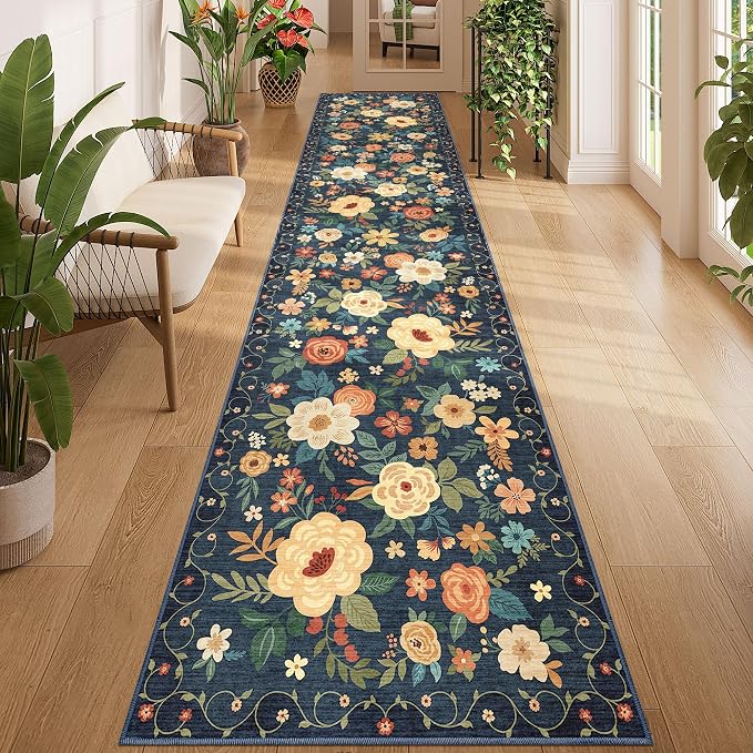 DUKINO 2.6x12 Kitchen Runner Rug, Floral Non Slip Washable Rug, Navy Blue | Low Pile, Stain Resistant, Soft Indoor Rug Runner for Hallway, Entryway, Bedroom, Bathroom, Laundry, Pet Friendly, Home Decor