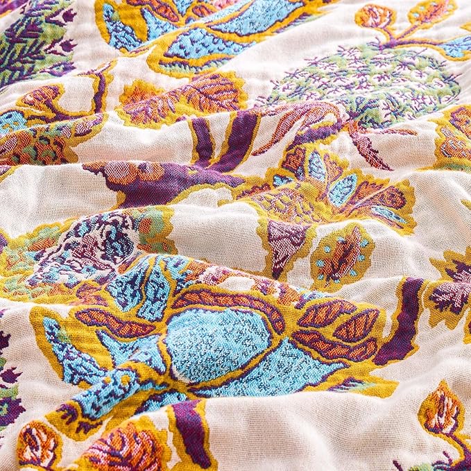 XIBLC Boho Throw Blanket for Bed, 100% Cotton Soft Rustic Quilt Fall Blanket, 80"x90" Floral Printed Farmhouse Decor Bed Blankets, All Season Rustic Reversible Bohemian Throw Quilt