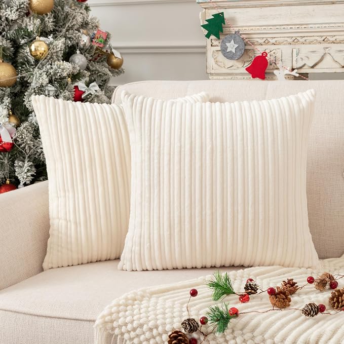 UGASA Corduroy Striped Soft Decorative Throw Pillow Covers Soild Square Set Cushion Cases Pillowcases for Sofa Bedroom, 2 Pcs, 16x16inch, Cream